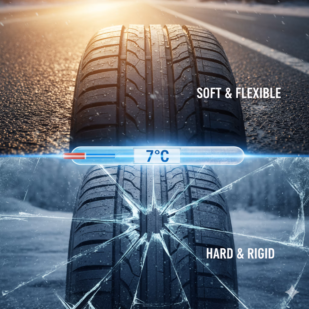 All-Season tire rubber hardening below 7 degrees Celsius, showing loss of flexibility and grip compared to optimal warm weather performance.