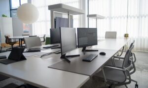Modern open office with computer workstations