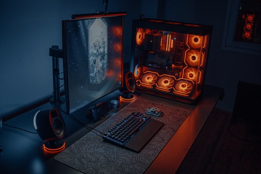 Modern gaming desk setup with RGB lighting
