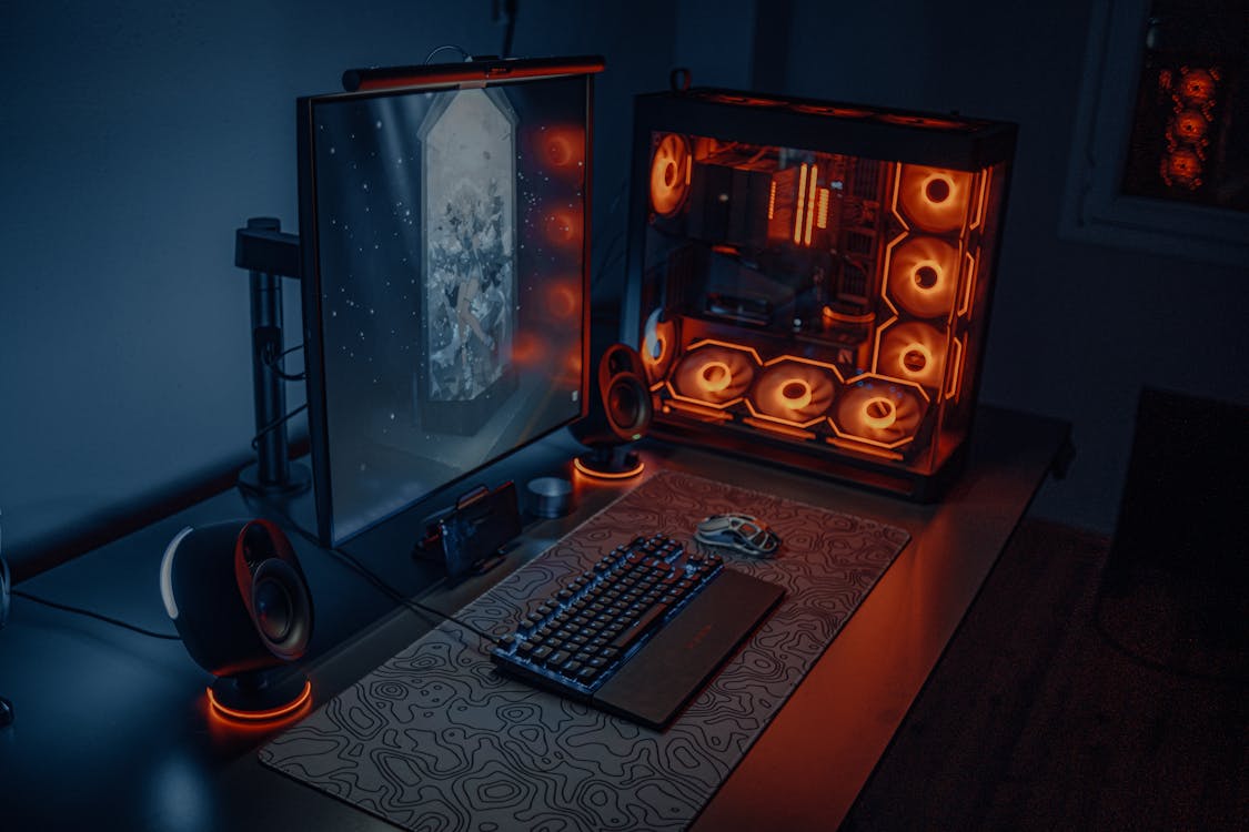 Modern gaming desk setup with RGB lighting