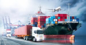 Container ship, freight truck and cargo aircraft moving shipments across connected transport modes