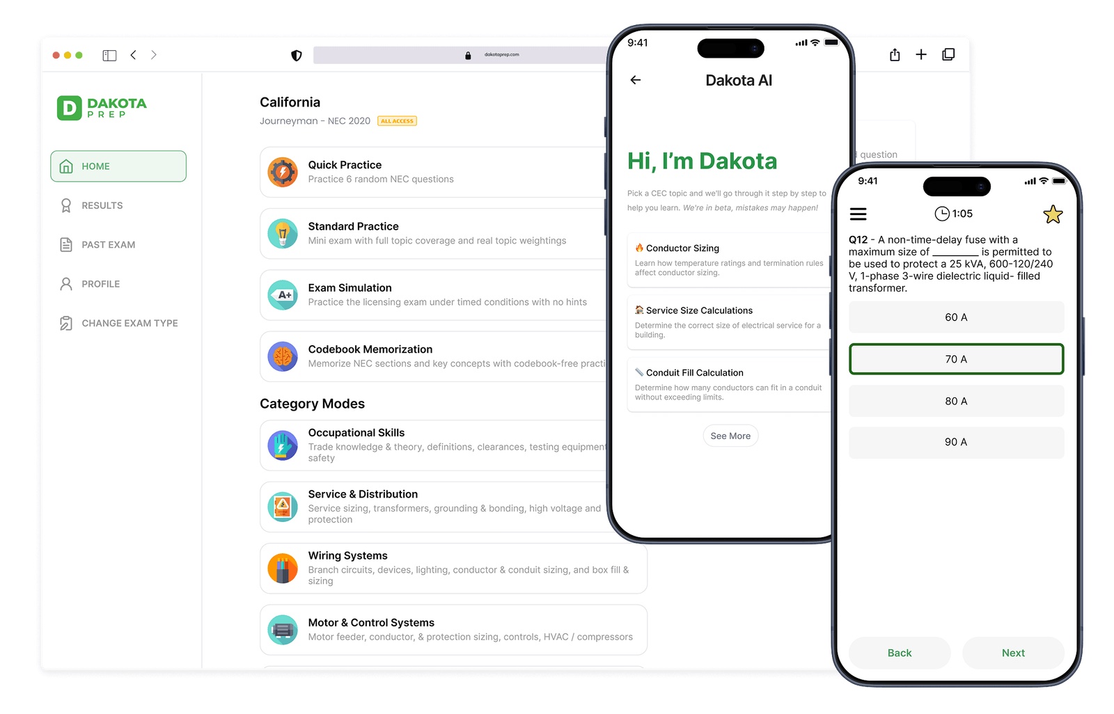 Dakota Prep NEC exam practice platform shown on desktop and mobile