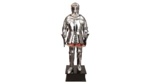Augsburg functional full suit of steel plate armour on a display stand