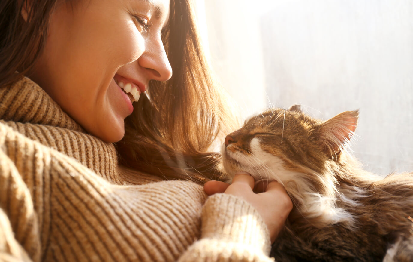 Woman smiling as she cuddles a long-haired cat in sunlight